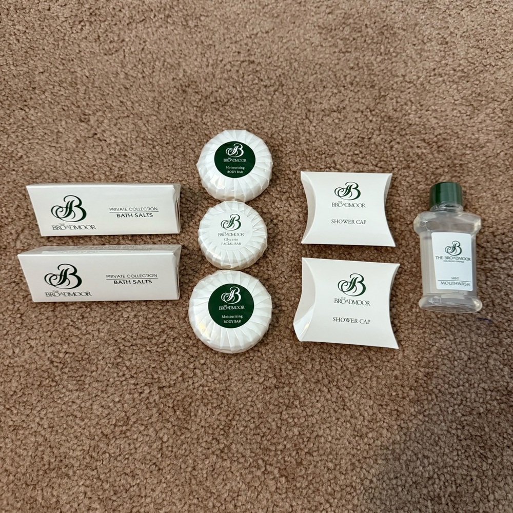 The Broadmoor Colorado Bath Toiletries  with Shower Caps, Bath Salts, Soaps, etc